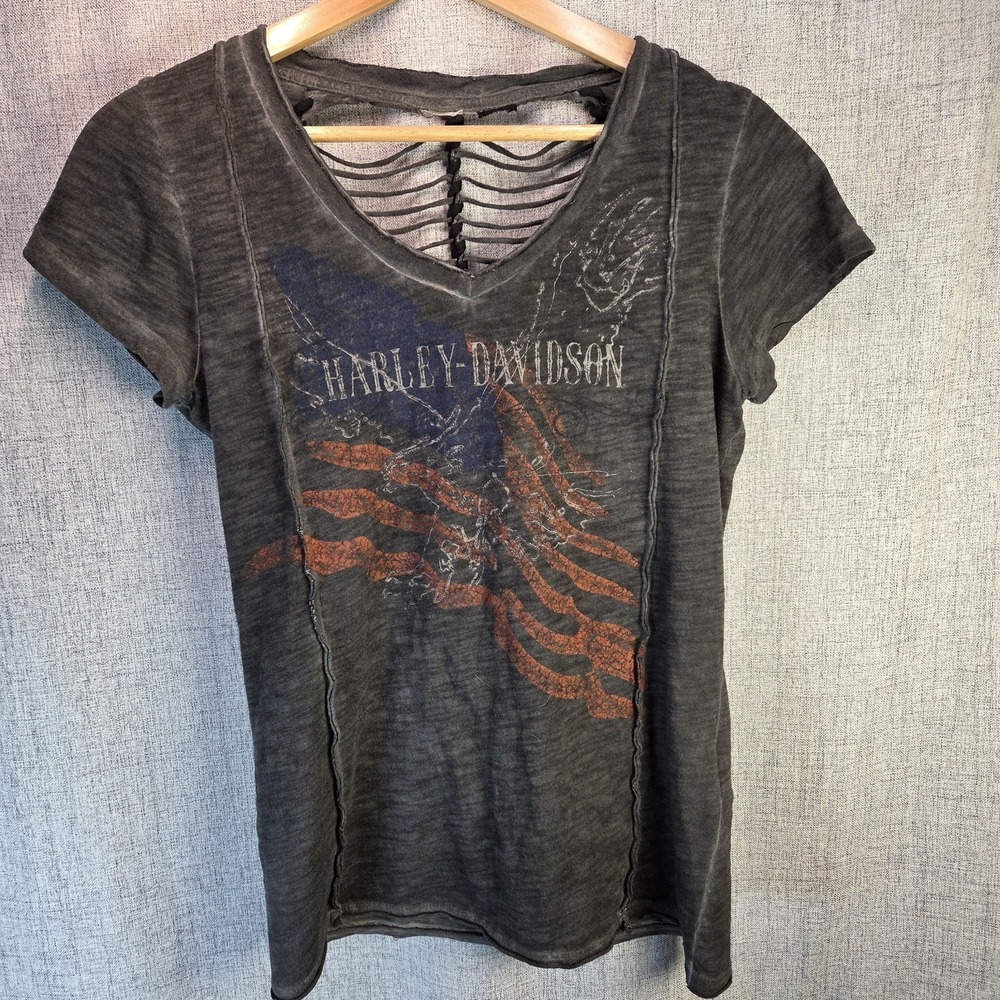 Harley-Davidson Womens V Neck Americana SS Small** T-Shirt Slash Back Biker‎
